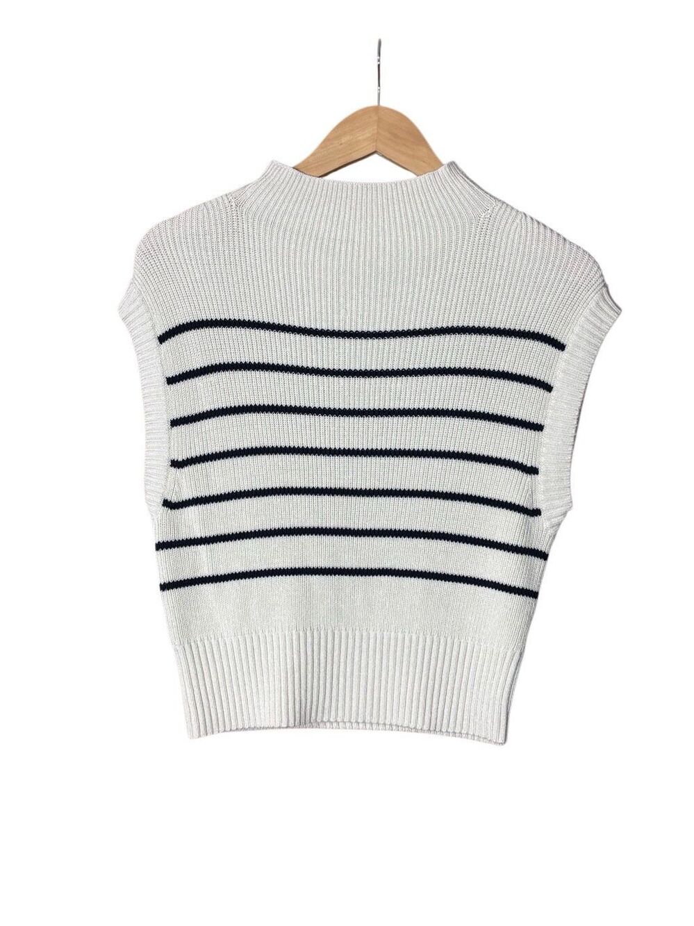 Maeve Mock Neck Sweater Tee cream blue striped cotton relaxed fit